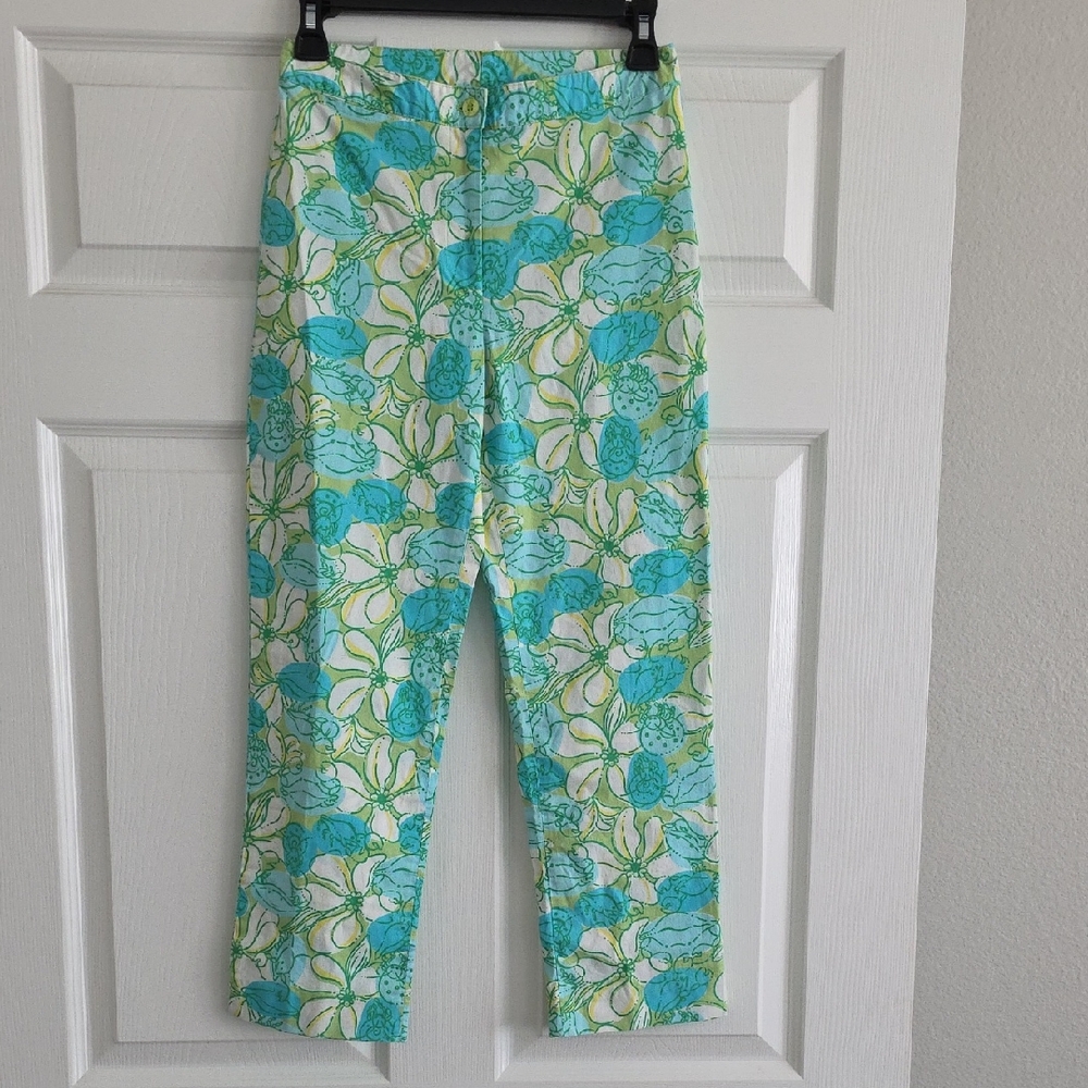 Lilly Pulitzer Vintage Preppy Croped Capri Pants Guava Green Crab Cake Size 0